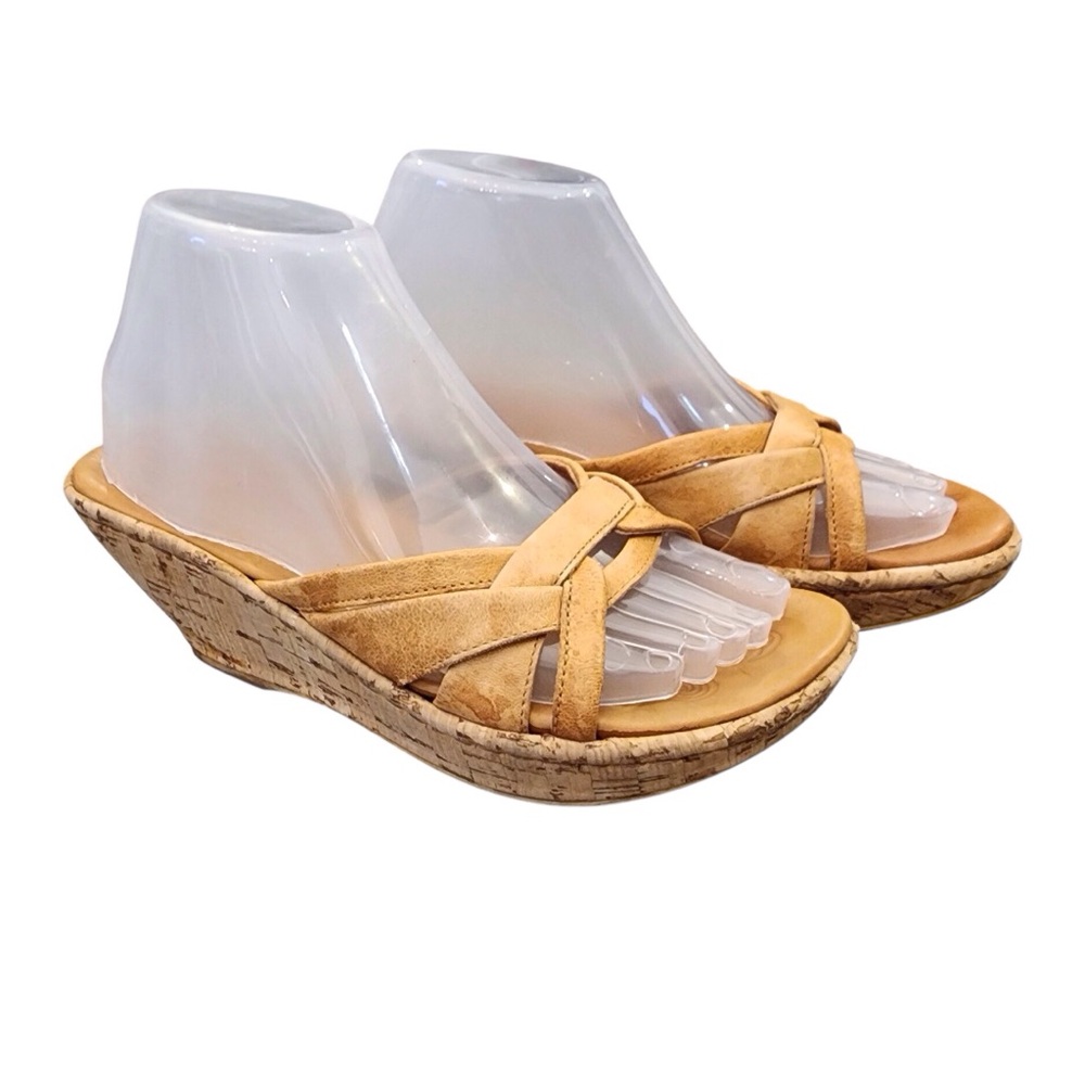 BORN Tan Wedge Sandals w Cork Heel Leather Camel Brown Cushioned Comfort Sz 7.5